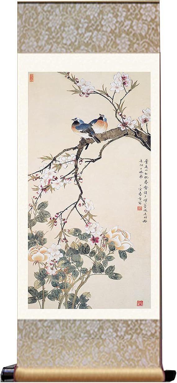 Scroll Hanging Painting,chinese scroll painting,Asian silk scroll drawing Wall Scroll Hanging Art Decor Poster,Chinese Silk Scroll Painting Wall Decor,Watercolour Flowers Birds Scroll Painting Wall Ho