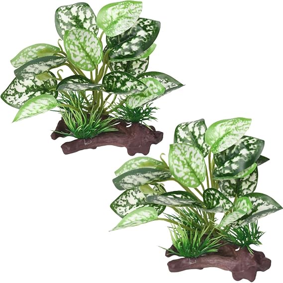 2Pcs Reptile Artificial Plants, Terrarium Plants Decorations Supplies, Aquarium Fish Tank Plant, Amphibian Habitat Hideout Tank (White)