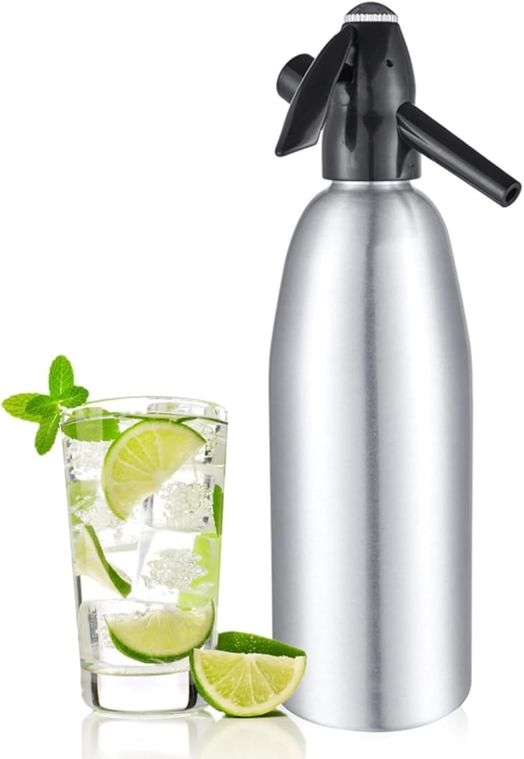 1L Soda Siphon Bottle Professional Alloy Soda Siphon Carbonated Seltzer Water Maker with Pressure Regulator for Juice Drinks CocktailSilver