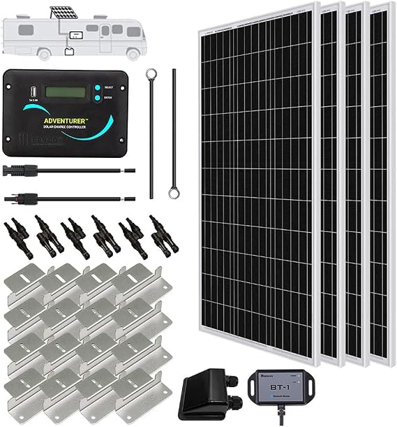 Renogy 400W 12V RV Solar Panel Kit, 4*100 Watt Monocrystalline Solar Panel, Adventurer 30A LCD PWM Charge Controller, BT1 Bluetooth Module,Mounting Brackets, Y-Connectors, Cables for Off-Grid System