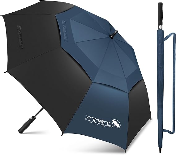 ZOMAKE 62 Inch Golf Umbrella Large Oversized Golf Stick Umbrella Windproof | Automatic Open Double Canopy Vented Waterproof for Rain, Waterproof 210T Pongee, Flexible Fiberglass Frame(Black&Navy Blue)