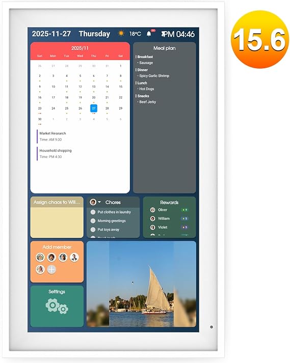 Digital Calendar 15.6" Digital Wall Planners for Family Schedules, Electronic Calendar with 1920*1080 Interactive Touchscreen, Digital Photo Frame Built-in 64GB Memory, Smart Calendar-White