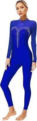 Womens Long Sleeve Rhinestone Gymnastics Leotard Unitard Full Body One Piece Figure Ice Skating Jumpsuit Bodysuit