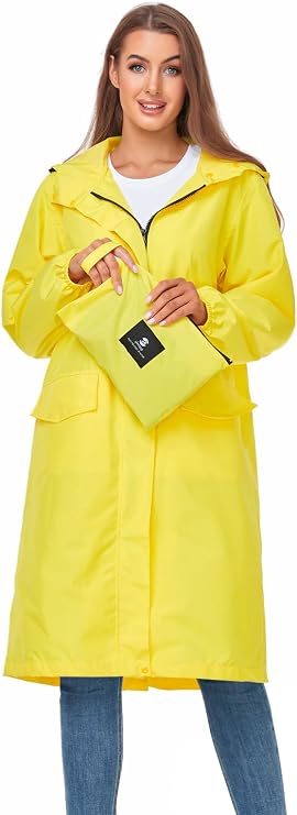 SaphiRose Women's Lightweight Packable Waterproof Long Rain Jacket