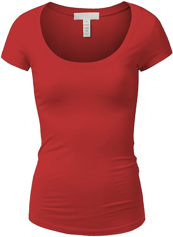 Active Basic Womens Plain Basic Deep Scoop Neck with Cap Short Sleeves - Red - Large
