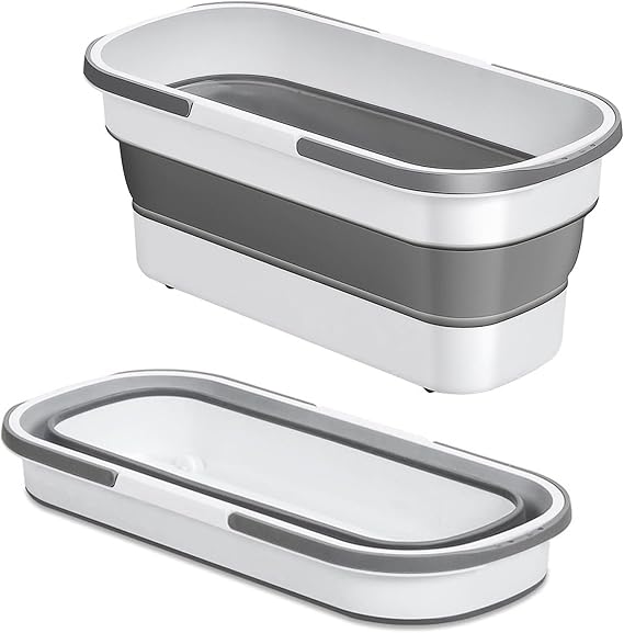 Large Collapsible Plastic Bucket with Wheels, 17L (4.5 Gallons) Cleaning Mop Buckets for House Cleaning, Camping, Multi-Purpose Rectangular Handy Basket, Grey