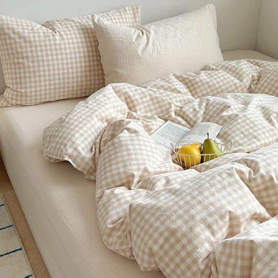 Gingham Comforter Set Twin Size Beige Bedding Set and 1 Pillowcase