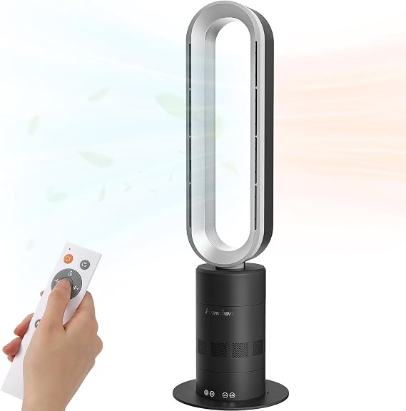 Dual-Tech Bladeless Tower Fan, Ultra-Quiet DC Motor, 2-in-1 Cooling, Heating | UL Listed PTC Ceramic Fast Heat, Auto Shutoff, Sturdy Base, Cooler and Heater Floor Fan Combo for Indoor Use, Large Room