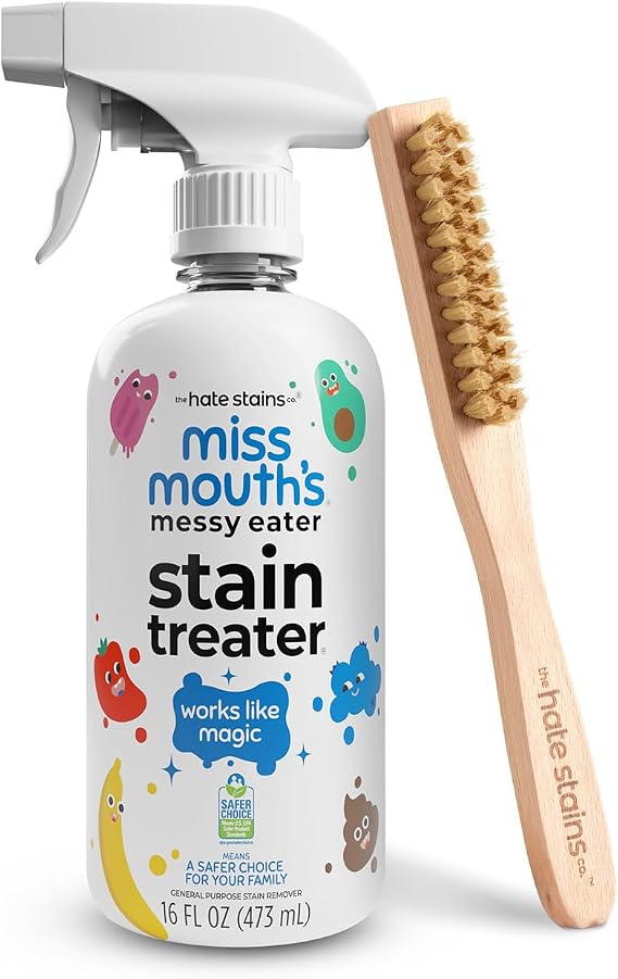 Miss Mouth's Messy Eater Stain Treater 16oz Spray & Laundry Brush - Gentle Scrub for Spot Cleaning, Pre-Treating Baby Clothes & Delicates