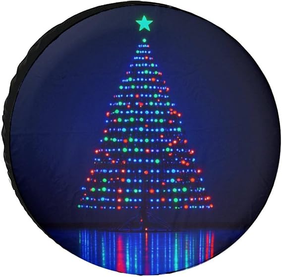 Heavy Duty Spare Tire Cover Colorful Lights Christmas Tree Wheel Protectors Tyre Covers Weatherproof Wheel Covers Christmas Tree Stars Decoration Tire Cover for Camper Travel Trailer SUV Truck 16inch