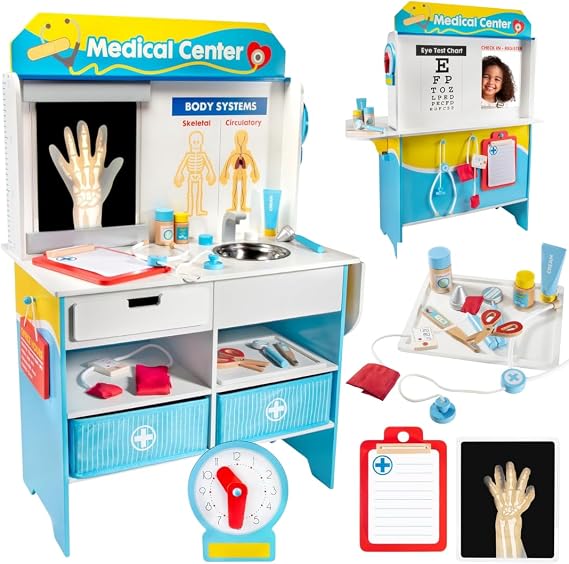 Get Well Doctor Wooden Activity Center- Kids Pretend Play Medical Playset | 16 Accessories, Dual Sided w Waiting Room, Office Checkup Kit w X-Rays, Blood Pressure Cuff- Boys Girls Roleplaying Toy Gift