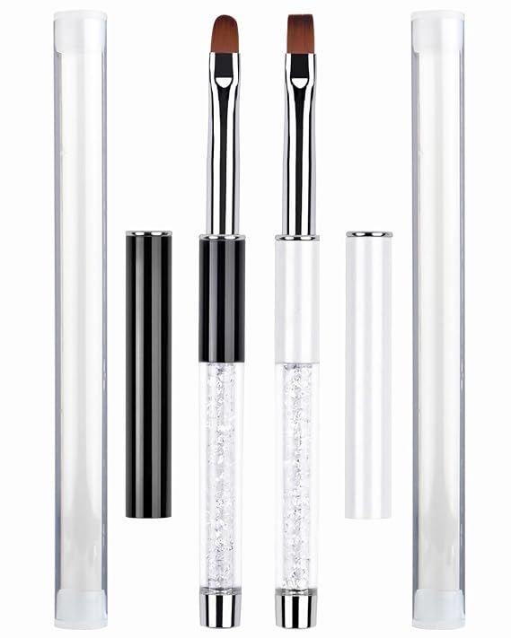 2Pcs Oval & Flat Nail Gel Brush Set Acrylic Nail Art Brushes with Rhinestone Handle UV Builder Gel Brush for Acrylic Nails, DIY & Salon Use