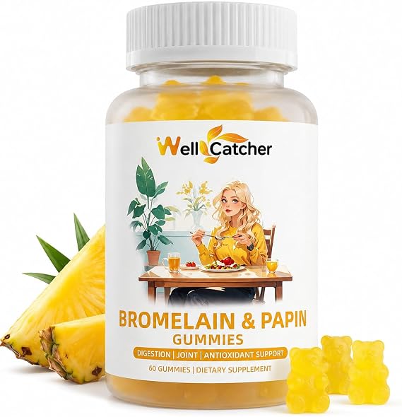 Bromelain & Papain Gummies, 500mg Bromelain with Papaya Enzyme, Quercetin, Turmeric, Vitamins C & E, Protein Digestion & After-Meal Digestive Support, Sugar-Free Vegan, Pineapple Flavor, 60 Count