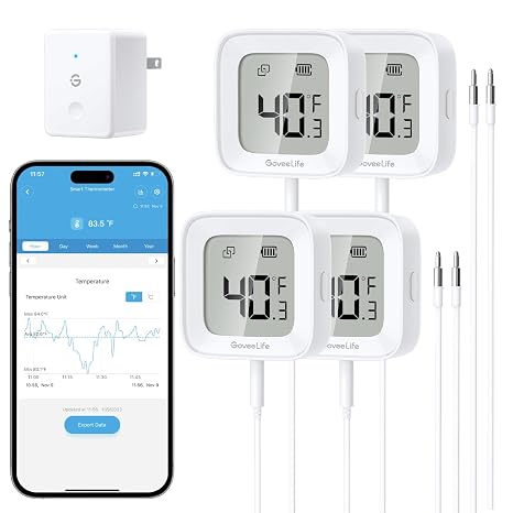 GoveeLife WiFi Refrigerator Thermometer with Alarm, Wireless Digital Freezer Temperature Gauge with App Control, LCD Display, 2 Years Free Data Export, for Home Kitchen Fridge Pool Hot Tub 4 Pack