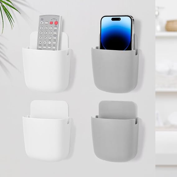 4 Pcs Remote Control Holder Wall Mounted TV Remote Holder Organiser Self-Adhesive Remote Control Storage Box for Living Room Armchair Bedroom, Phone Holder Organizer (White*2, Grey*2)