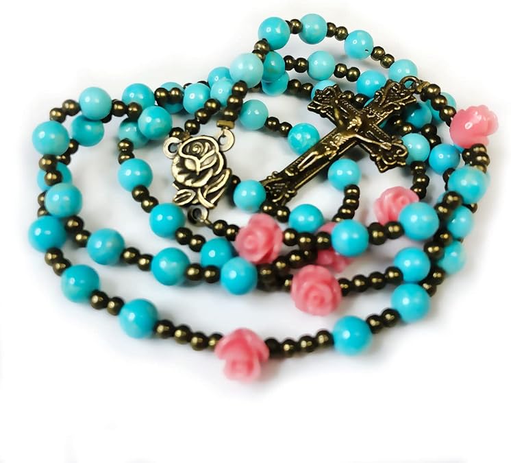 Our Lady of Lourdes Turquoise Stone and Pink Rose Rosary - Catholic Rosary - Rosarios Catolicos - Catholic Gifts Women - Regalos Catolicos Para Mujer