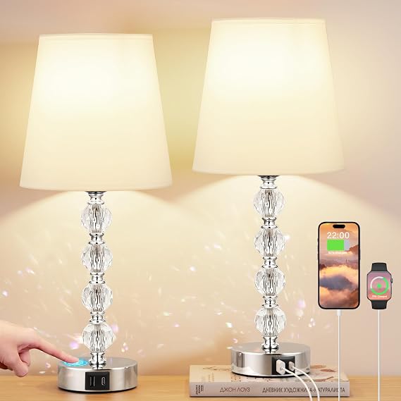 Aooshine Touch Bedside Lamps Set of 2, 47cm‘H Crystal 3 Way Dimmable Bedside Lamps, Table Lamp with White Fabric Shade for Living Room (LED Bulb Included) [Energy Class F]