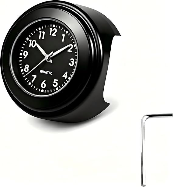 Motorcycle Handlebar Clock, Alloy Waterproof Anti-Vibration Clock for 7/8" - 1" Handle, Retro Dial Case Watch with Wrench & Anti-Slip Pad, for Most Motorcycle Bicycle E-Bike (Black)