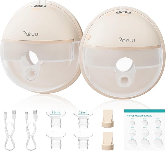 Paruu Hands Free Breast Pump P16, Wearable Breast Pump Electirc Portable with 4 Modes & 12 Levels, Max 309mmHg Strong Suction 19/21/24mm Flange Inserts Wearable Breastfeeding Pump, 2 Pack(Nude