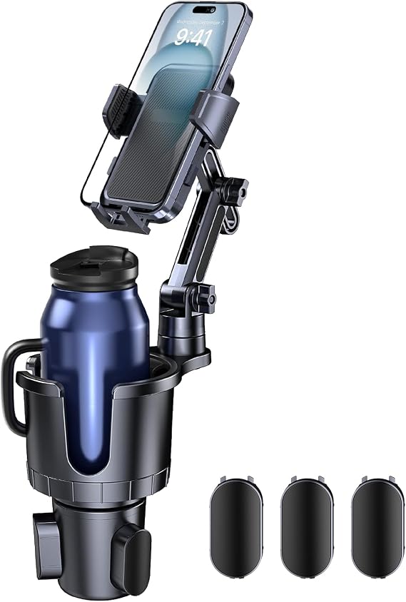 Car Cup Holder Phone Mount, 2 in 1 Cup Holder Cell Phone Holder with Expander Adjustable Base for Car,360Rotation Phone Mount Compatible with 4-7" iPhone Smartphones and Most Bottles