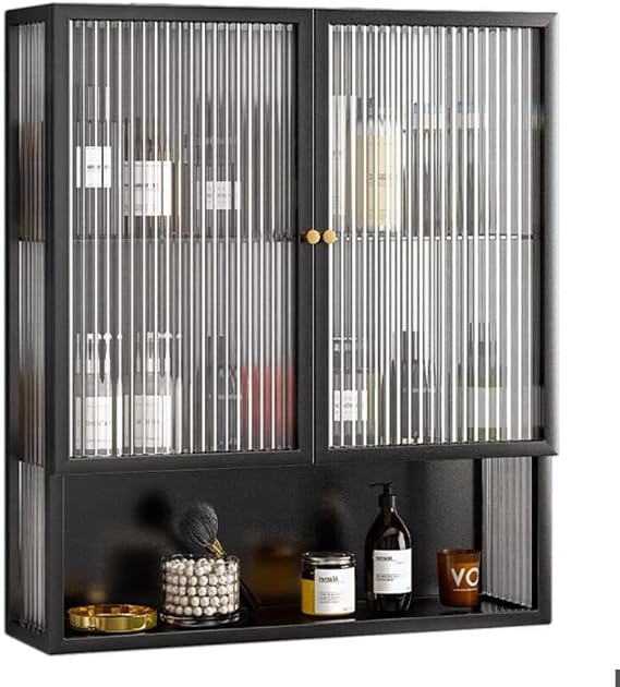 Wall Cabinet With Double Glass Doors Living Room Decorative Storage Cabinet Bedroom Items Organizing Cabinets Bathroom Kitchen Wall Cupboard(Black)