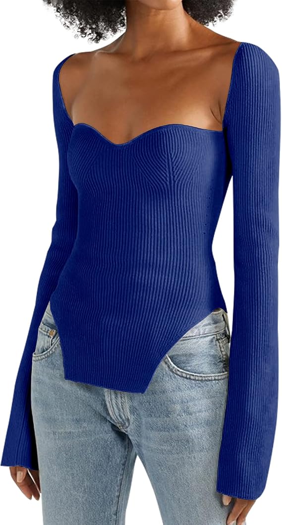 Women's Square Neck Ribbed Knitted Sweater Long Sleeve Crop Slim Fitted Basic Pullover Tops