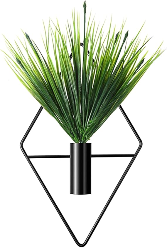 Wall Planter Vase with Artificial Plants, Geometric Metal Wall Vase Decor for Indoor Home, Boho Wall Art for Living Room, Bedroom, Office, Bathroom (Black)