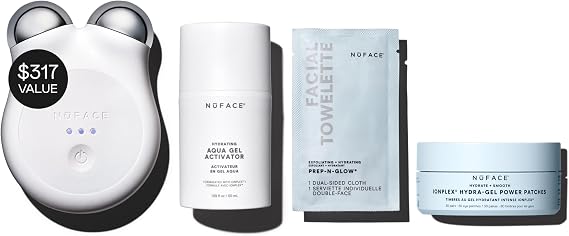 NuFACE MINI+ Microcurrent Facial Device Ultimate Uplift Holiday Kit - Brilliant White Face Sculpting & Contouring Device with Aqua Gel, Power Patches, Prep-N-Glow Skin Care Wipes & Luxe Gift Box