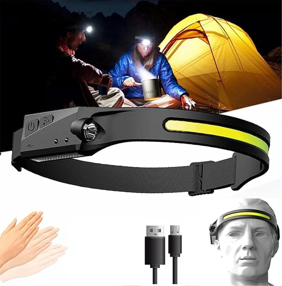Strip Light Pro Headlamp, 230 Wide-Beam Headlight Flashlight, USB Rechargeable Headlamp with Motion Sensor- 2 COB 5 Modes Lightweight Waterproof Headlight for Indoor/Outdoor (1Pcs)