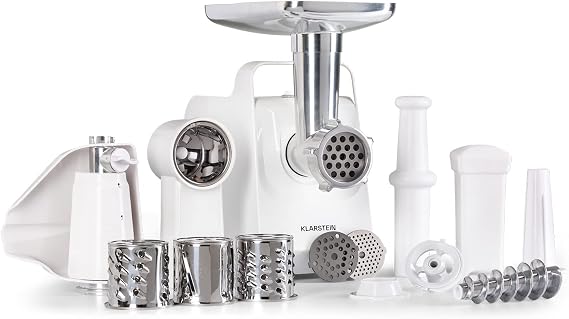 Klarstein Mighty Slim Electric Meat Grinder 500-1361W Power Electric Mincer with Accessories for Sausage, Kebbe and Mash, Tomato Squeezer with Handles, White