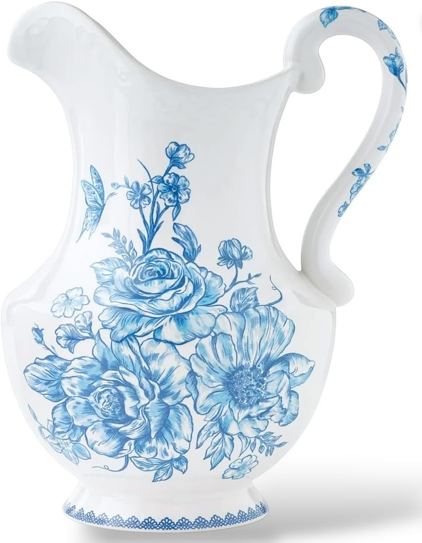 Pioneer Woman Vintage-Inspired Agatha Blue Floral 2-Quart Stoneware Pitcher with Handle