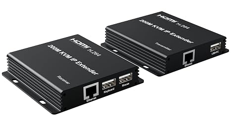 200M KVM IP Extender, over RJ45 cat5e/6 1080P HDMI USB KVM Ethernet Extender one to Many by Gigabit Switch for PC DVR Loptop Support Mouse Keyboard Support touch screen function (TX+RX)