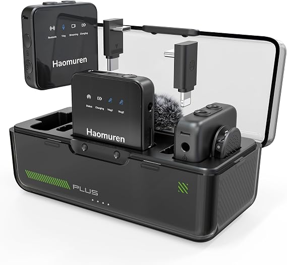 Haomuren Wireless Lavalier Microphone Noise Cancelling HD Audio Clip-on Compatible with Mobile Phone iPhone Android Camera MacBook Plug & Play Lapel Microphone for Vlog Interview Podcast YouTube
