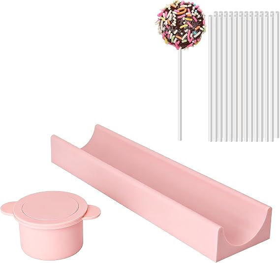 Pink Cake Pop Mould Set with Round Dessert Mould & Tray, Easy Release Silicone Cake Pop Maker Kit, Lollipop Pop Cutter & Cake Form Kit for DIY Chocolate, Candy Making, Home Kitchen Baking