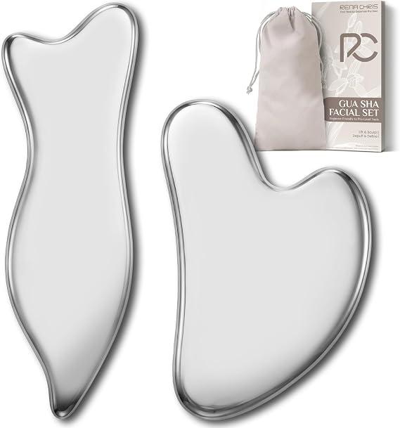 Rena Chris 2PCS Gua Sha Facial Tools, Stainless Steel Guasha Tool- Silver
