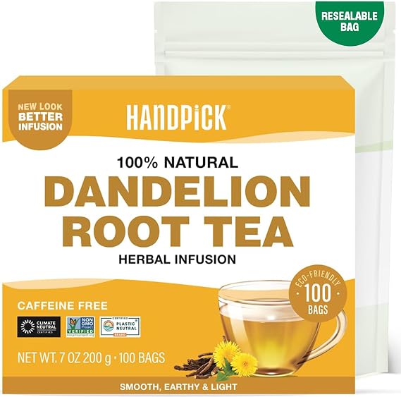 HANDPICK, Dandelion Root & Leaf Tea Bags (100 Herbal Tea Bags) Caffeine-Free Herbal Blend | Eco-Conscious Teabags | Direct from Source