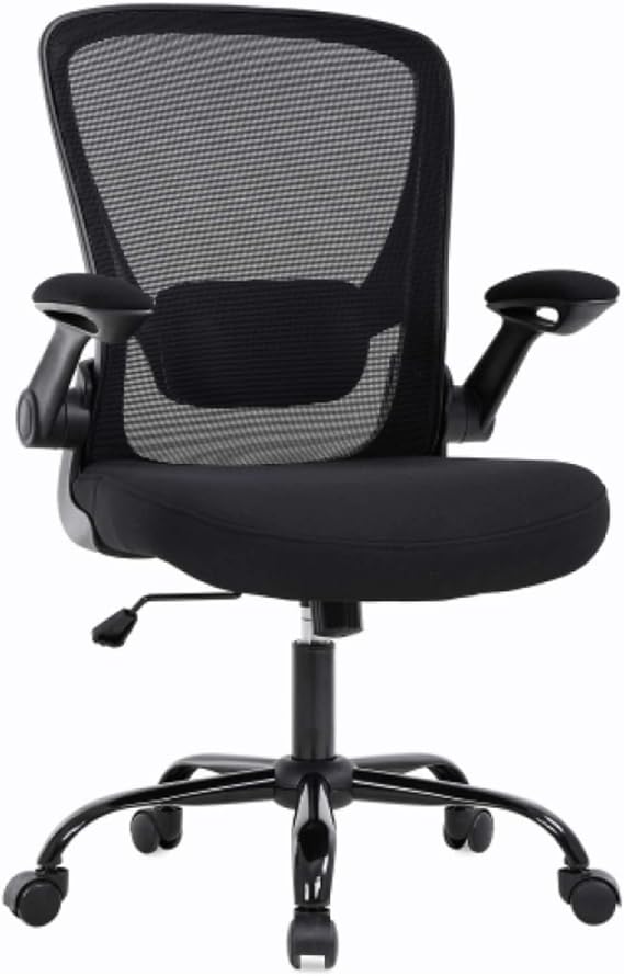 Ergonomic Mesh Office Chair with Flip-Up Arms, Breathable Mesh Computer Desk Chair with Adjustable Lumbar Support & Thick Cushion, Mid-Back Swivel Task Chair for Home, Study, Black