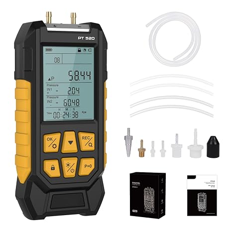 Manometer, Dual-Port HVAC Manometer with 7 Adapters, 10 Units Switch, Data Locking & Storage, Backlit Display Screen Gas Pressure Tester,100 to 200Kpa, PT520