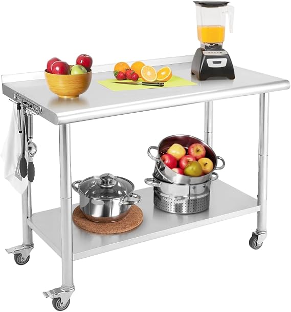 Heavy Duty Stainless Steel Prep Table for Brewing 30x24x35 Inch 1100lbs Commercial Work Table with Adjustable Undershelf, 2-Tier, 4 Wheels, Arc Edges, Rear Baffle for Restaurant, Garage