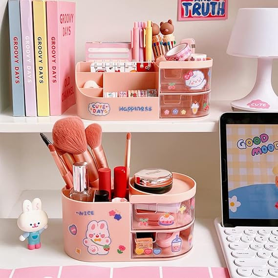 Kawaii Desk Organizer with Drawers for Teen Girls Cute Kawaii Desk Organizer with Stickers DIY Fun School Supplies Stationery Makeup Accessories Organization and Storage Dorm Bedroom (7.1x3.6x3.6 inches, Pink)
