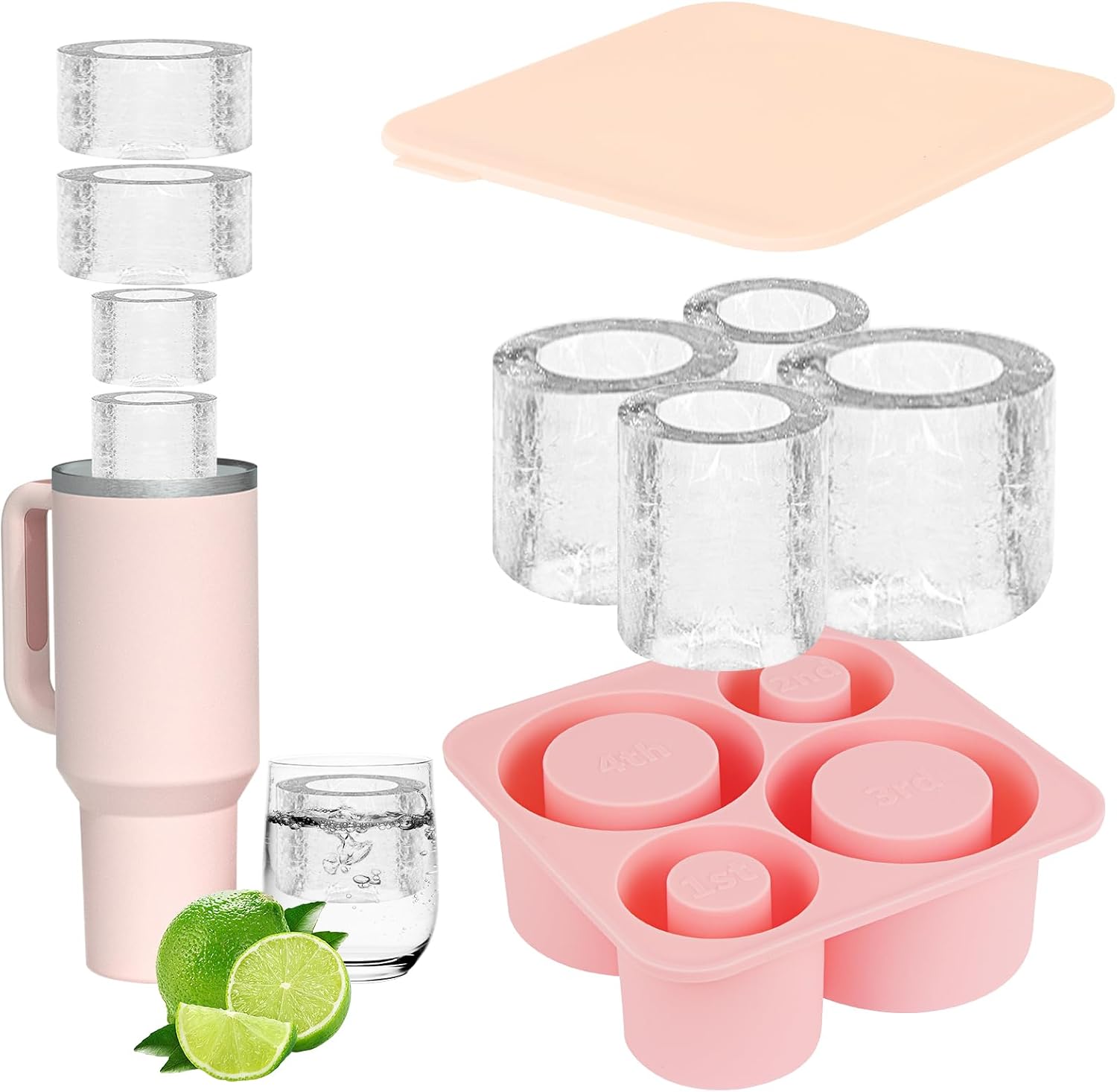 Ice mold for Stanley Cup, 4-compartment silicone ice mold, with lid, cubes for Stanley, large ice mold, cylindrical ice cube production, ice cube container for Stanley Ice Cube Mold (BPA-free, pink)