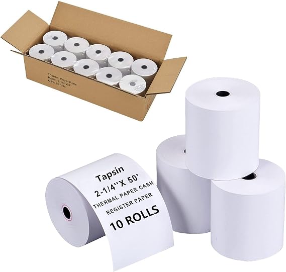2-1/4'' x 50' (10 Rolls) Thermal Receipt Paper, Fits 58mm Thermal POS Printers, Premium Quality, Biodegradable