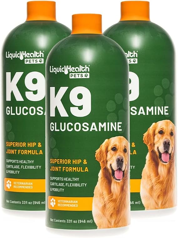 LIQUIDHEALTH Pets K9 Liquid Glucosamine for Dogs, Puppies, Senior Canines with Chondroitin, MSM, Hyaluronic Acid - Dog Vitamins for Hip Joint Health, Dog Joint Oil, Joint Juice - Made in USA (3 Pack)