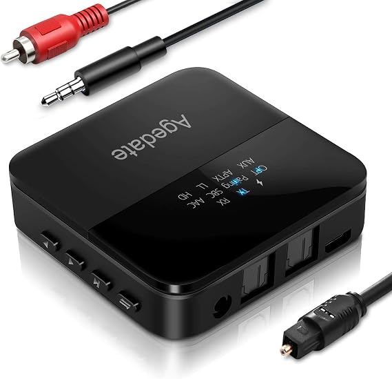 Bluetooth 5.0 Transmitter, Receiver, 2-in-1, Compatible with Optical Digital, Wireless Audio, Bluetooth Transmitter, Receiver, Connect 2 Devices Simultaneously, AptX, HD, AptX, LL Compatible, RCA AUX & SPDIF Connection, 22 Hours Continuous Operation Max Black