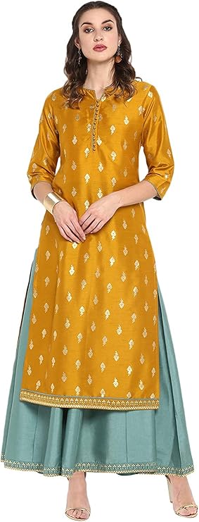 Janasya Indian Women's Silk Blend Mustard Foil Print Festive Wear Ethnic Dress for Women