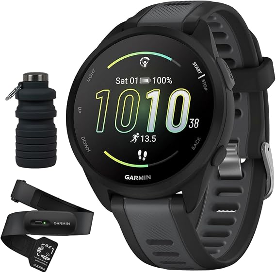 Garmin Forerunner 165 Smart Sport Watch, Black + Slate Gray with HRM 200 Heart Rate Monitor Strap (M-XL) Bundle with Deco Essentials Collapsable Water Bottle
