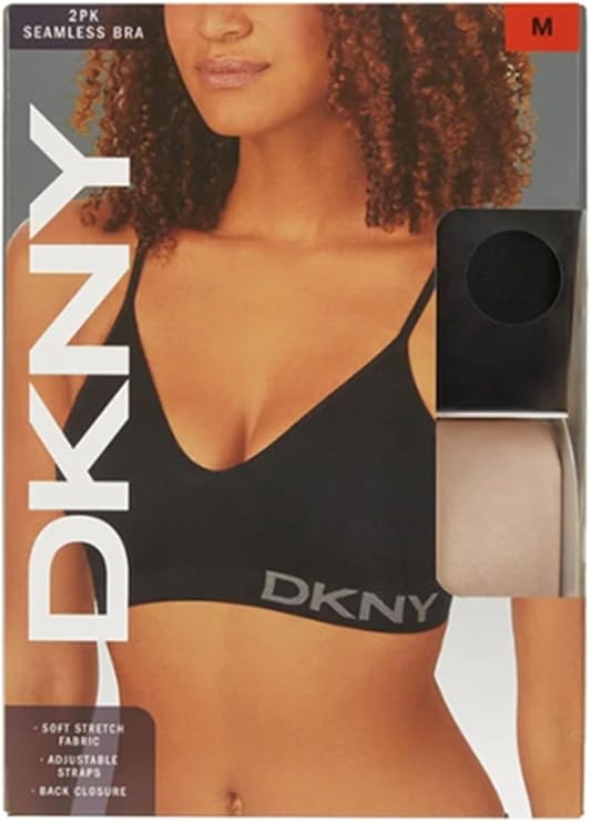 DKNY Women's Seamless Bra with Adjustable Straps, Soft Stretch Fabric, 2-Pack, Black/Ivory, Medium