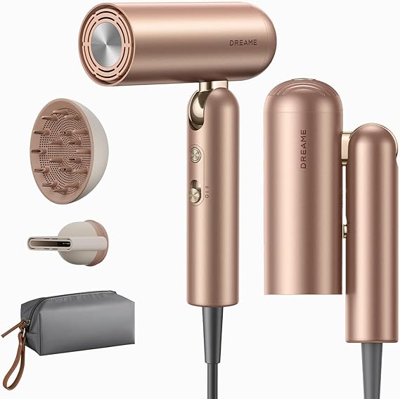 Dreame Pocket Pro Hair Dryer, Dual Voltage Travel Blow Dryer with Diffuser, 1300W Professional HighSpeed Ionic Hair Blower, Fast Drying, Low Noise, Lightweight, No Heat Damage, Global Travel 120V/240V