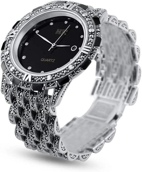 Men Thai 925 Sterling Silver Marcasite Luxury Wrist Watches (Black 21CM)