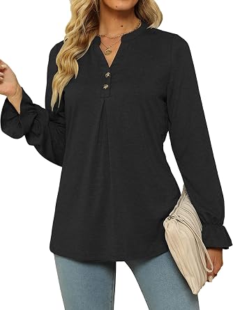 BOTHENIAL Casual Tops for Women Long Sleeve Shirts Dressy V Neck Henley Buttons Work Top Blouses Tunic